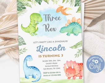 Three Rex Invitation, Three Rex Birthday Invitation, Dinosaur Birthday Invitation