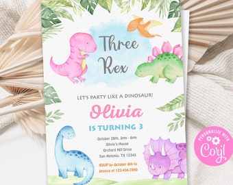 Chica de invitación de tres Rex, invitación de niña tres Rex, invitación de cumpleaños de dinosaurio de niña, invitación de niña de dinosaurio