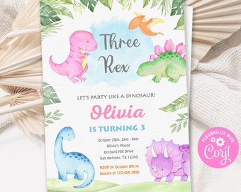 Three Rex Invitation Girl, Girl Three Rex Invitation, Girl Dinosaur Birthday Invitation, Dinosaur Girl Invite