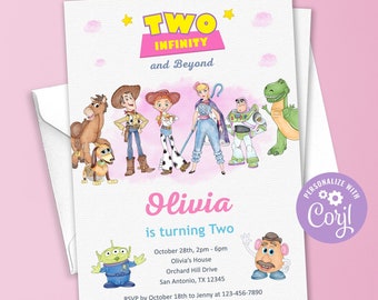 Invitación de dos infinitos y más allá, invitación de cumpleaños de dos infinitos y más allá, juguete de cumpleaños de dos infinitos más allá, chica rosa dos infinitos