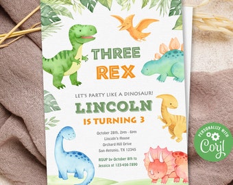 Invitación de tres Rex, invitación de cumpleaños de tres Rex, invitación de tres Rex