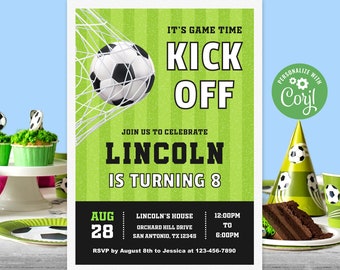 Bewerkbare voetbal verjaardagsuitnodiging sjabloon, voetbal uitnodiging, voetbal uitnodigen