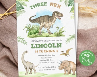 Invitación de tres Rex, invitación de cumpleaños de dinosaurio, invitación de cumpleaños de tres Rex