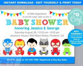 printable card baby shower superman shower printable party baby shower Marvel superhero baby shower invititation supplies shower prints