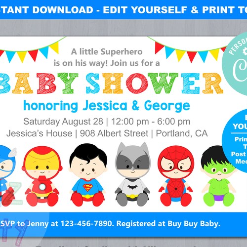 Editable Superhero Baby Shower Invitation Superheroes Party Etsy