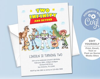 Invitación de dos infinitos y más allá, invitación de cumpleaños de dos infinitos y más allá, juguete de cumpleaños de dos infinitos y más allá