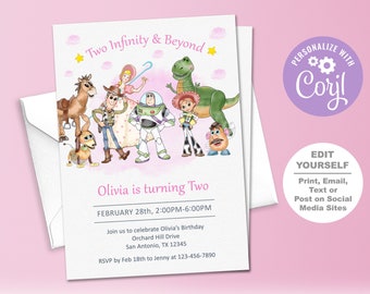 Two Infinity and Beyond Invitation, Two Infinity and Beyond Birthday Invitation, Two Infinity Beyond Birthday Toy, Pink Girl Two Infinity