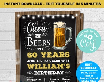 60th Cheers and Beers Birthday Party Invitation,  60th birthday invitation for man, Cheers and Beers to 60 Years, 70 Years, 80 Years