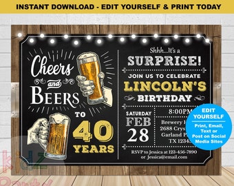 Beer Surprise Birthday Party Invitation, Cheers and Beers invitation, 30 Years, 40 Years, 50 Years, Adult Birthday Invite Printable