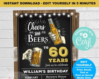 60th Cheers and Beers Birthday Party Invitation,  60th birthday invitation for man, Cheers and Beers to 60 Years, 70 Years, 80 Years