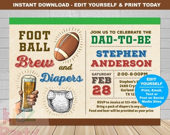 Football and Beer Baby Shower Invitation,  Football Baby Shower Invitation, Football Beer and Diaper Party Invitation, football and diaper