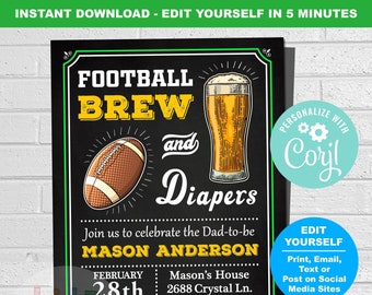 Football and Beer Baby Shower Invitation,  Football Baby Shower Invitation, Football Beer and Diaper Party Invitation