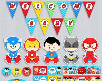 Superhero baby shower, Superhero baby shower party, Superhero baby shower decorations, Superhero baby shower party package