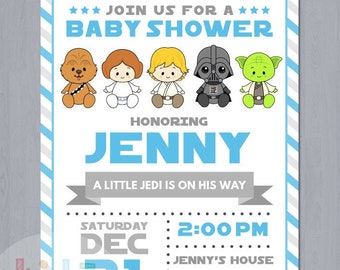 May include: A blue and gray baby shower invitation with a Star Wars theme. The invitation features cartoon characters from Star Wars, including Chewbacca, Princess Leia, Luke Skywalker, Darth Vader, and Yoda. The text on the invitation reads "Join us for a Baby Shower Honoring Jenny A Little Jedi is on His Way Saturday Dec 21 2:00 PM Jenny's House Star City Star State RSVP by Dec 8th to Jenny at 123-456-7890 Registered at Babies R Us Option 1".