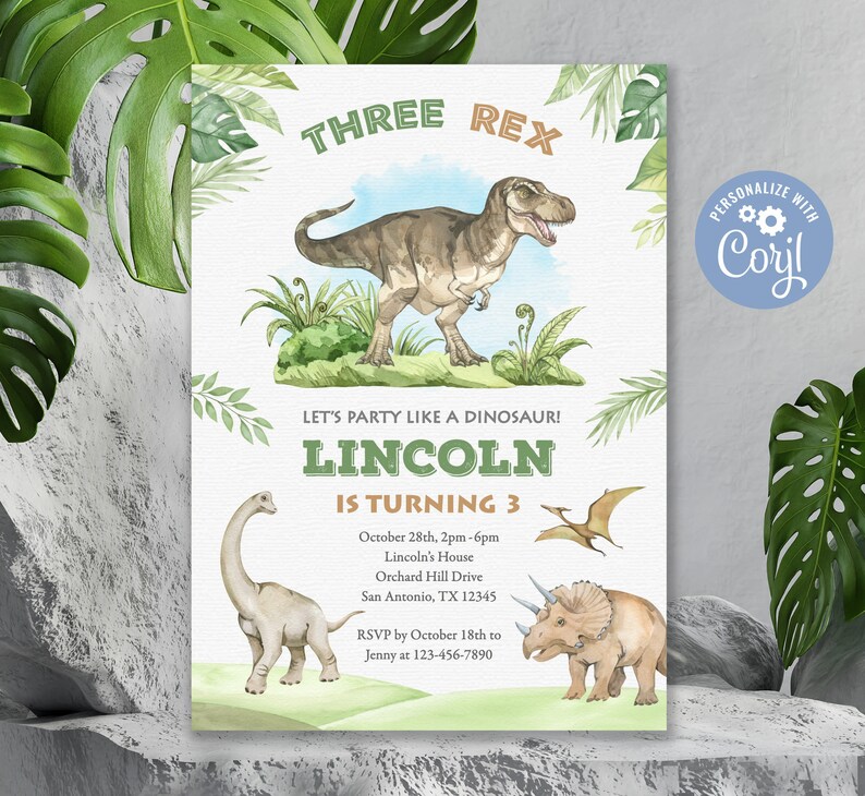 Three Rex Invitation, Dinosaur Birthday Invitation, Three Rex Birthday Invitation image 4