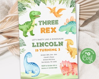 Three Rex Invitation, Dinosaur Birthday Invitation, Three Rex Birthday Invitation