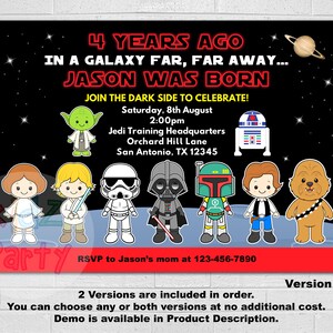 May include: A Star Wars themed birthday party invitation with a black background and colorful cartoon characters. The invitation says "4 Years Ago In A Galaxy Far, Far Away... Jason Was Born Join The Dark Side To Celebrate!" with the date and time of the party. The invitation also includes the address of the party and a phone number to RSVP.