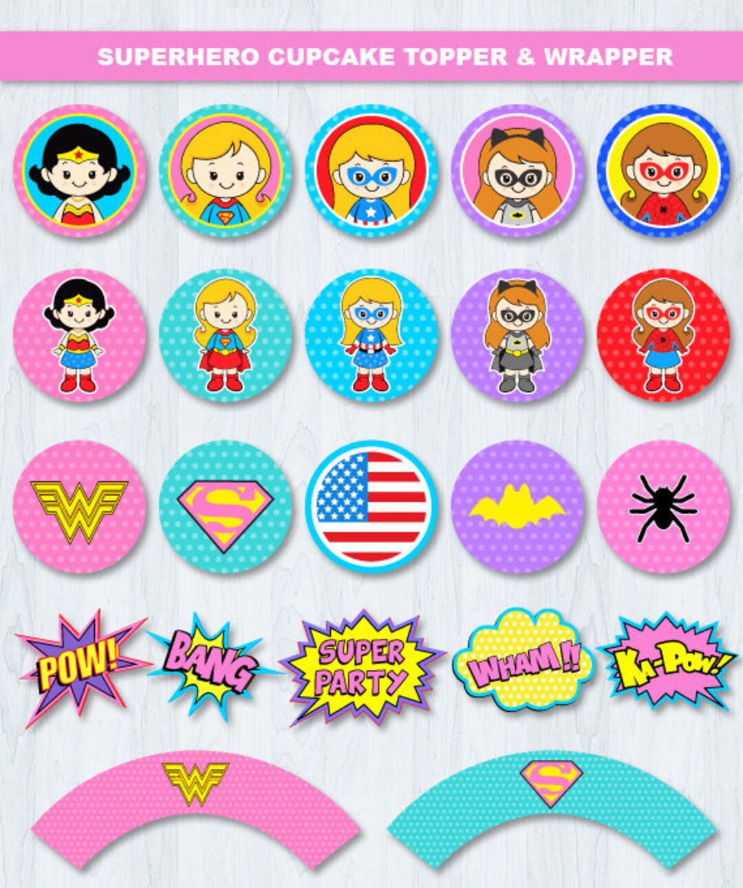 Superhero Girl Cupcake Toppers, Superhero Girl Cupcake Wrappers, Girl Cupcake Topper Etsy