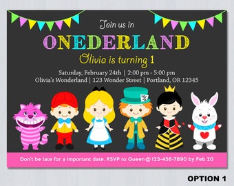 Alice In Wonderland (onederland) Girl's 1st Birthday Party Invitation - First Birthday, Any Age Girl Birthday Invite