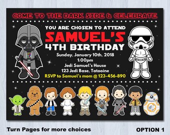 May include: A Star Wars themed birthday invitation for a boy named Samuel turning four. The invitation features Darth Vader and a Stormtrooper in cartoon style. The invitation is black with red and yellow text. The text reads "Come to the Dark Side & Celebrate", "You are chosen to attend Samuel's 4th Birthday", "Sunday, January 10th, 2018", "1:00pm", "Jedi Samuel's House", "123 Jedi Base, Tatooine", "RSVP to Samuel's mom @ 123-456-890".