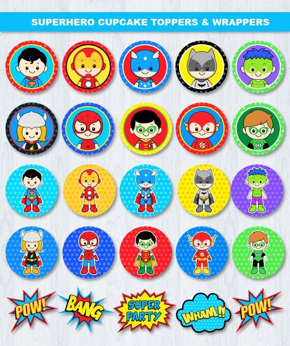 Superhero Cupcake Toppers Superhero Party Supplies Superhero Etsy