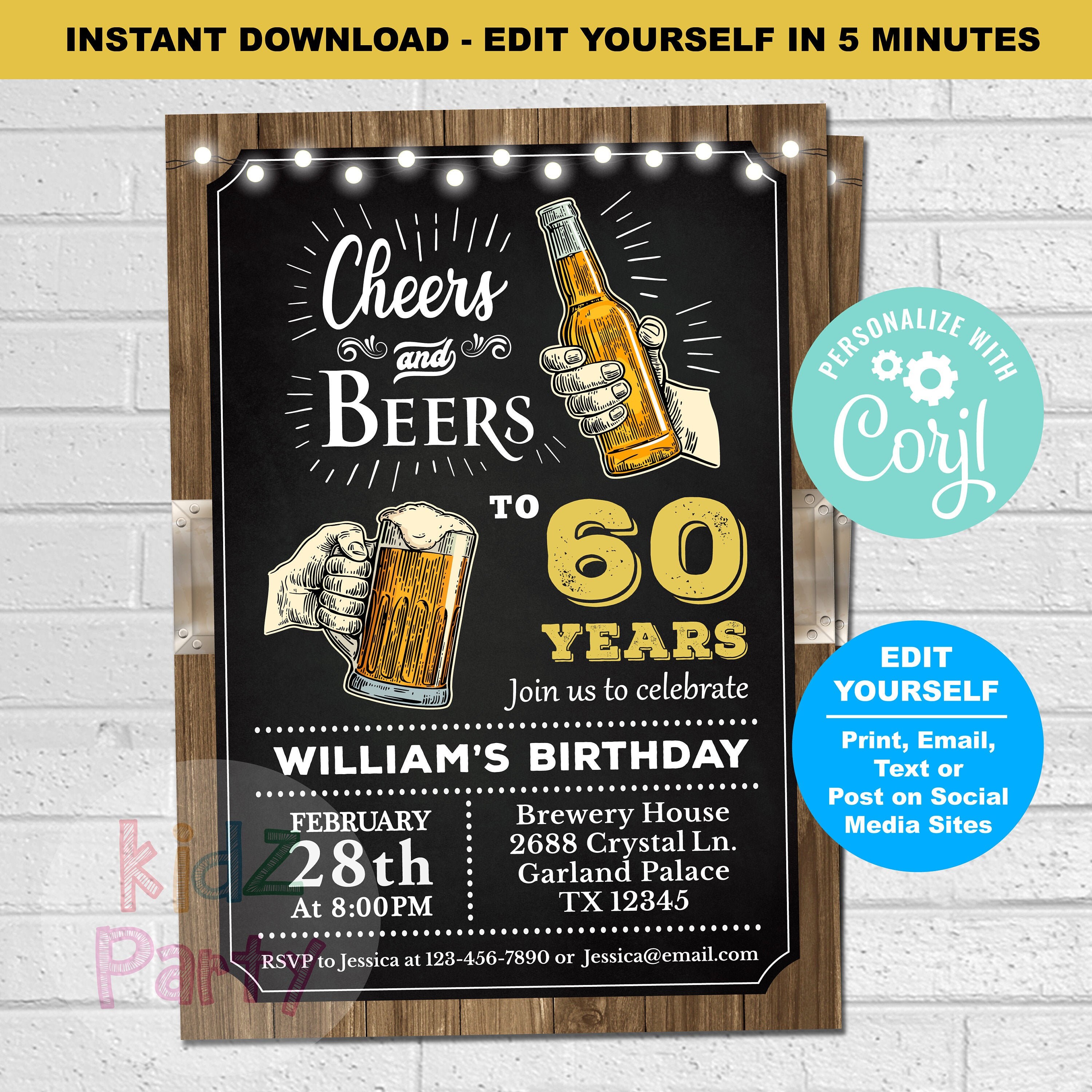 60th Cheers and Beers Birthday Party Invitation,  60th birthday invitation for man, Cheers and Beers to 60 Years, 70 Years, 80 Years