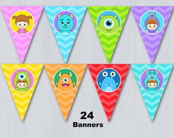 Puede incluir: Un conjunto de 24 pancartas triangulares de colores con personajes de dibujos animados de la película Monsters Inc. Las pancartas presentan personajes como Mike Wazowski, Sulley, Boo y otros. Las pancartas son perfectas para una fiesta con temática de Monsters Inc.