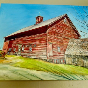 Original Oil Painting/New England Barn/ Red Barn/Farmhouse painting/ Farm House Decor/ Rustic Barn/ Gesso Board with  20&quot; x 16&quot;