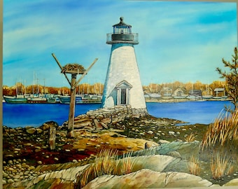 Original Ölgemälde/Palmer Island Leuchtturm Newbedford Massachusetts/Leuchtturm Gemälde/ New England/ Gesso Board mit 20" x 16"