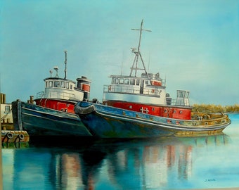 Original Oil Painting/Tug Boats Port of New Bedford/ Harbor/ New England Boat Captain Oil Painting/ Gesso Board with  20" x 16", 7/8" Cradle