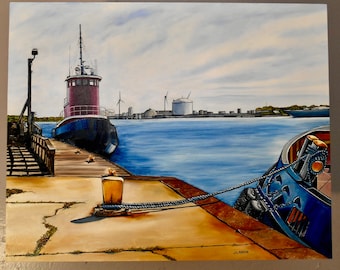 Original Oil Painting/ Port of Providence/ Tug Boat Painting/ Cityscape Art/ WindMils/