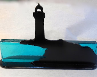 Stained Glass sun catcher, Metal Lighthouse, Window ornament,  Glass Art, Windowsill sun catcher, Blue glass Lighthouse with Ocean Scene