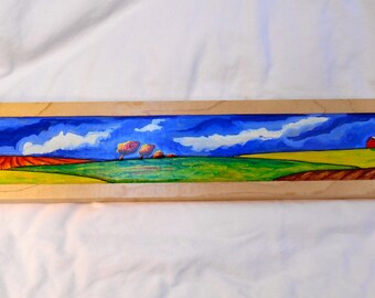 Autumn Landscape Oil Painting, Farm Scene, Farm fields oil painting, oil painting on wood, hand carved painted scene, Fall painting