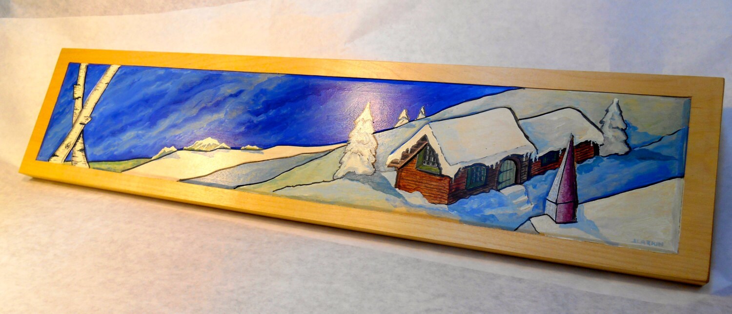 Winter Scene Oil Painting on Wood, Carved Oil Painting on Wood, Winter