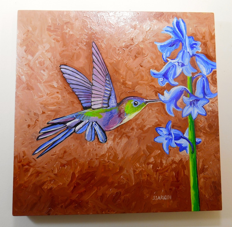 8x8 Oil Painting on Birch Panel Home Decor Humming Bird Painting original Oil Painting Humming Bird Oil Painting Bird Print