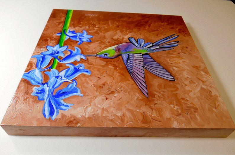 8x8 Oil Painting on Birch Panel Home Decor Humming Bird Painting original Oil Painting Humming Bird Oil Painting Bird Print