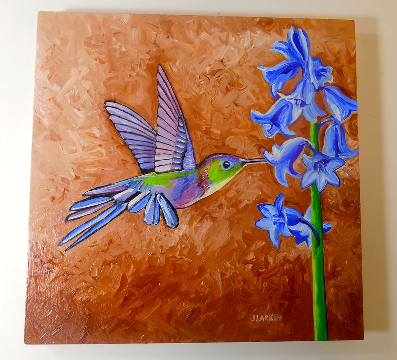 8x8 Oil Painting on Birch Panel Home Decor Humming Bird Painting original Oil Painting Humming Bird Oil Painting Bird Print