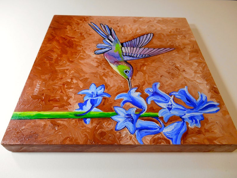 8x8 Oil Painting on Birch Panel Home Decor Humming Bird Painting original Oil Painting Humming Bird Oil Painting Bird Print