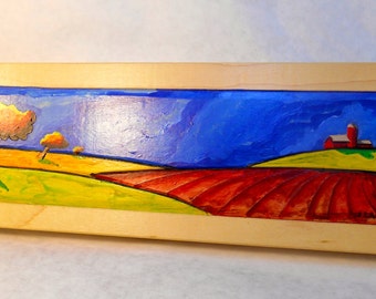 Farm scene oil painting on maple wood, Red Barn Oil Painting, Farm Fields Painting, Autumn Farm Painting