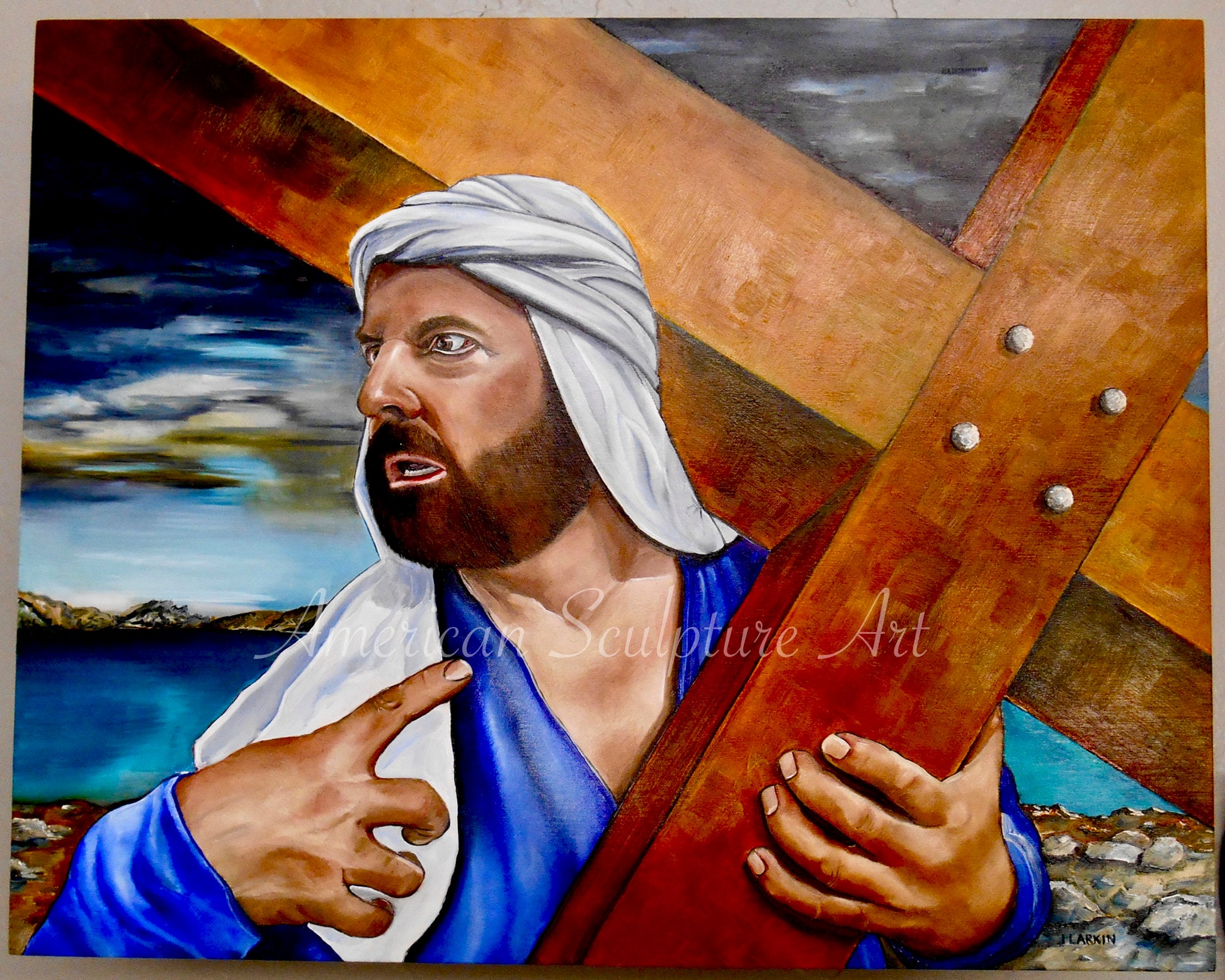 キレネのシモン、四旬節の油絵、イエスの受難、カルバリー、司祭への