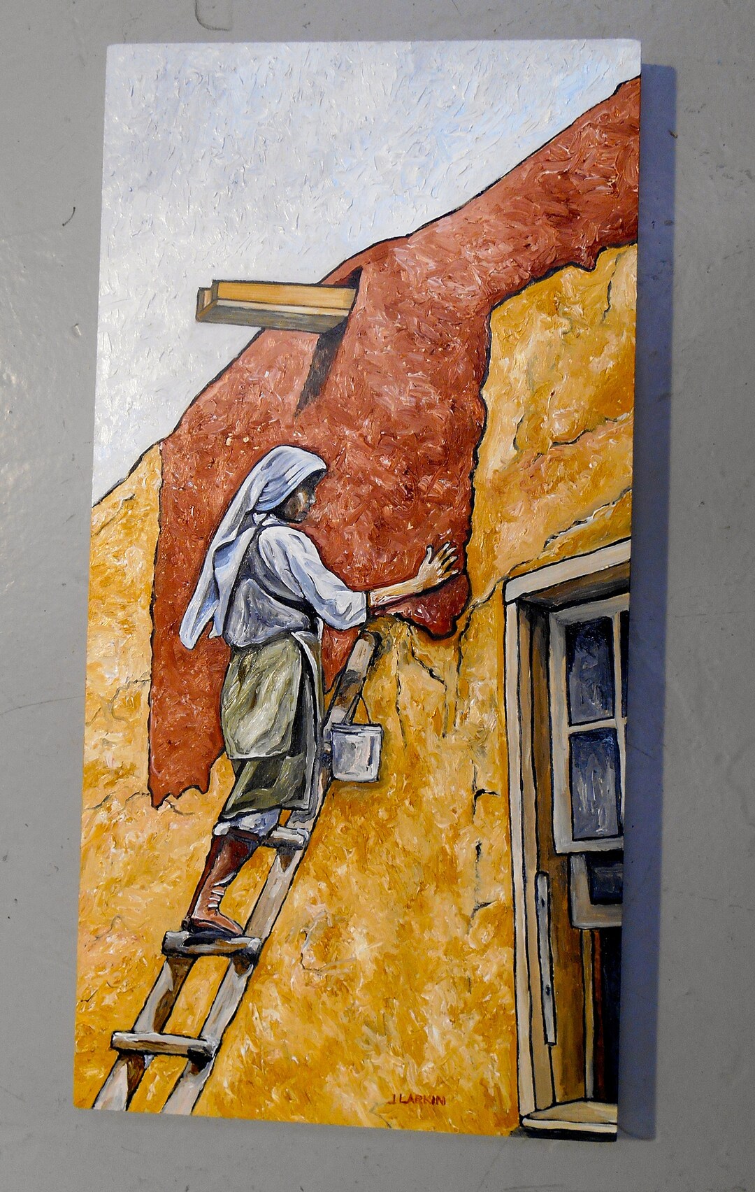 Replastering a Paguate House, Laguna Pueblo, Native American Oil