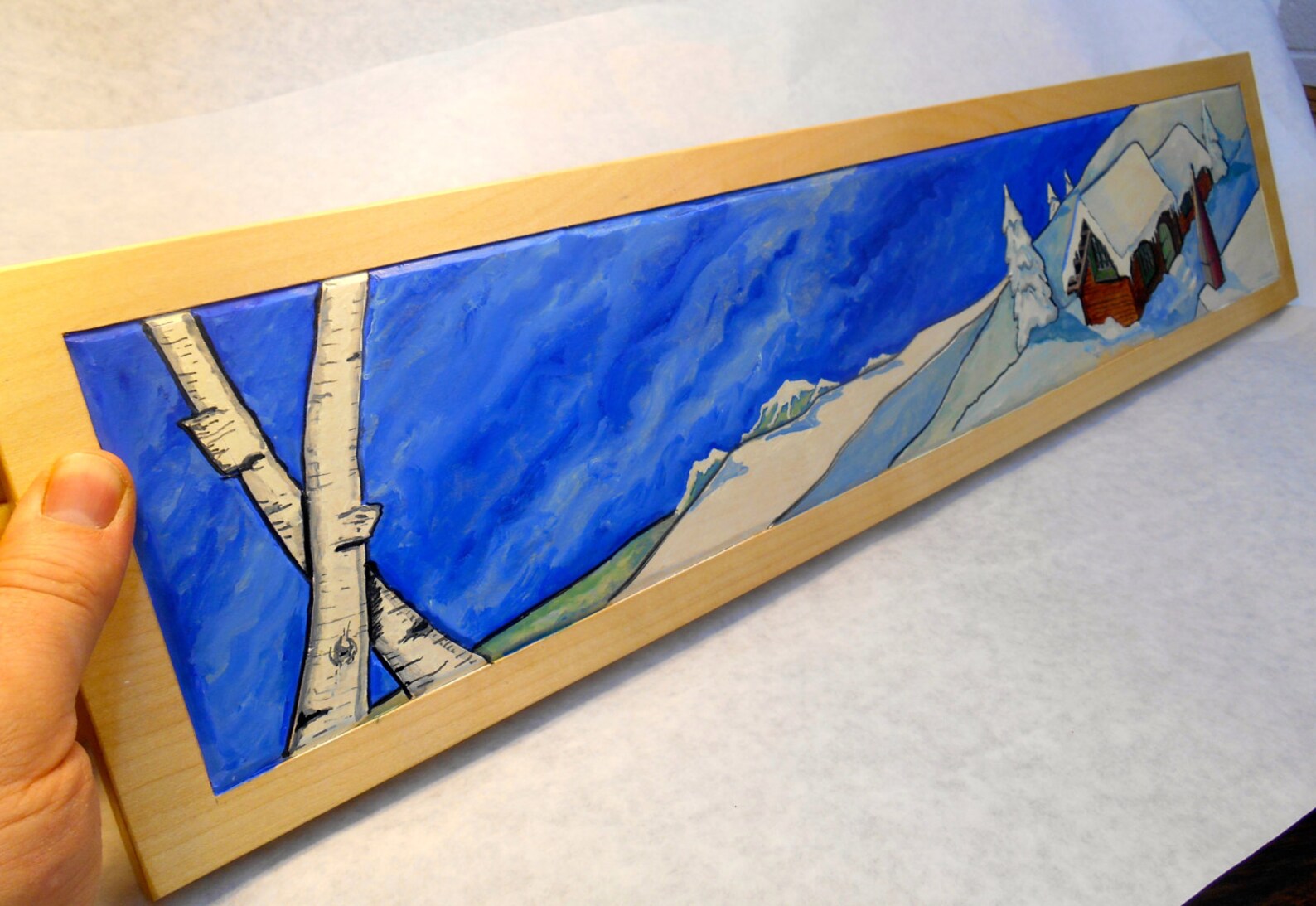 Winter Scene Oil Painting on Wood, Carved Oil Painting on Wood, Winter