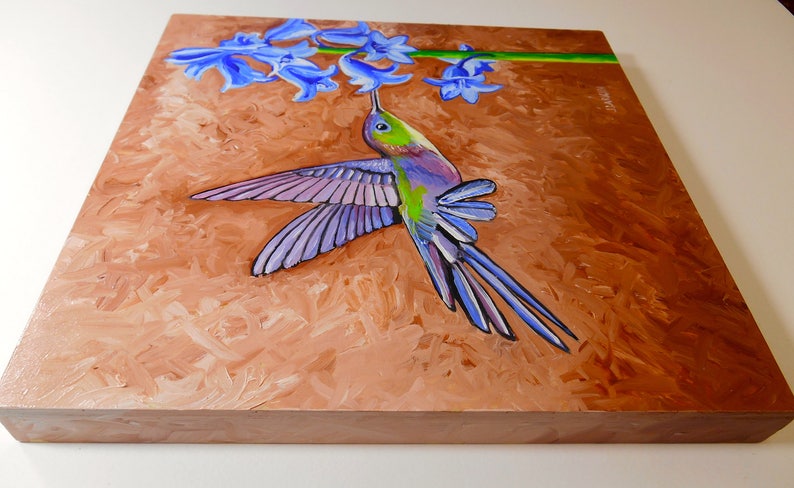 8x8 Oil Painting on Birch Panel Home Decor Humming Bird Painting original Oil Painting Humming Bird Oil Painting Bird Print