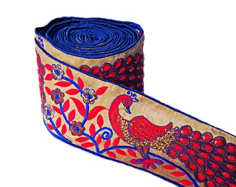 Handcrafted embroidered, peacock border, Saree Border, Indian Trim, Trim lace, colorful lace, animal trim,bird lace, Sari borders