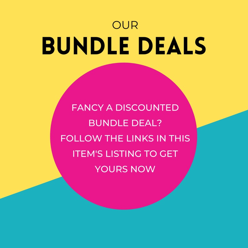 May include: A pink circle with white text on a yellow and blue background. The text reads "OUR BUNDLE DEALS FANCY A DISCOUNTED BUNDLE DEAL? FOLLOW THE LINKS IN THIS ITEM'S LISTING TO GET YOURS NOW".
