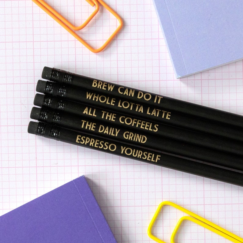 Printed Pencil, Coffee Lover Gift, Pencil Set, Stocking filler, Foil Printed Pencils, Coffee Gift, Funny Pencil Set, Coffee Pencils image 1