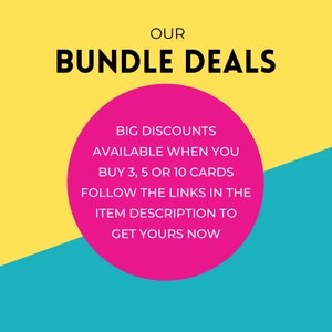 K&ouml;nnte beinhalten: Ein rosa Kreis mit wei&szlig;em Text auf gelbem und blauem Hintergrund. Der Text lautet "OUR BUNDLE DEALS BIG DISCOUNTS AVAILABLE WHEN YOU BUY 3, 5 OR 10 CARDS FOLLOW THE LINKS IN THE ITEM DESCRIPTION TO GET YOURS NOW"