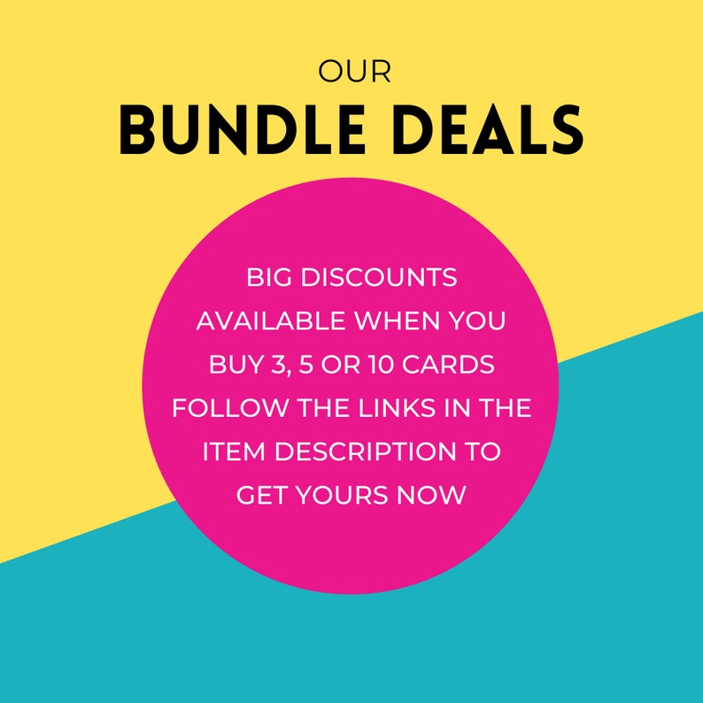 K&ouml;nnte beinhalten: Ein rosa Kreis mit wei&szlig;em Text auf gelbem und blauem Hintergrund. Der Text lautet "OUR BUNDLE DEALS BIG DISCOUNTS AVAILABLE WHEN YOU BUY 3, 5 OR 10 CARDS FOLLOW THE LINKS IN THE ITEM DESCRIPTION TO GET YOURS NOW"