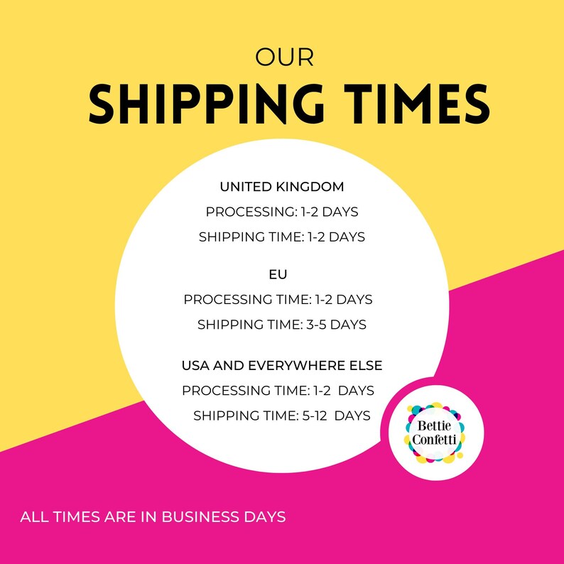 K&ouml;nnte beinhalten: Eine gelbe und rosafarbene Grafik mit dem Text "OUR SHIPPING TIMES" in Schwarz. Die Grafik listet die gesch&auml;tzten Bearbeitungs- und Versandzeiten f&uuml;r Bestellungen nach Gro&szlig;britannien, EU und USA und &uuml;berall sonst auf. Alle Zeiten sind in Werktagen angegeben.
