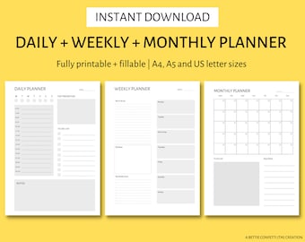 May include: Printable daily, weekly, and monthly planner templates in black and white. The templates are designed for A4, A5, and US letter sizes. The text "INSTANT DOWNLOAD" is at the top of the image. The text "DAILY + WEEKLY + MONTHLY PLANNER" is below the download text. The text "Fully printable + fillable | A4, A5 and US letter sizes" is below the planner title. The text "A BETTIE CONFETTI (TM) CREATION" is at the bottom of the image.